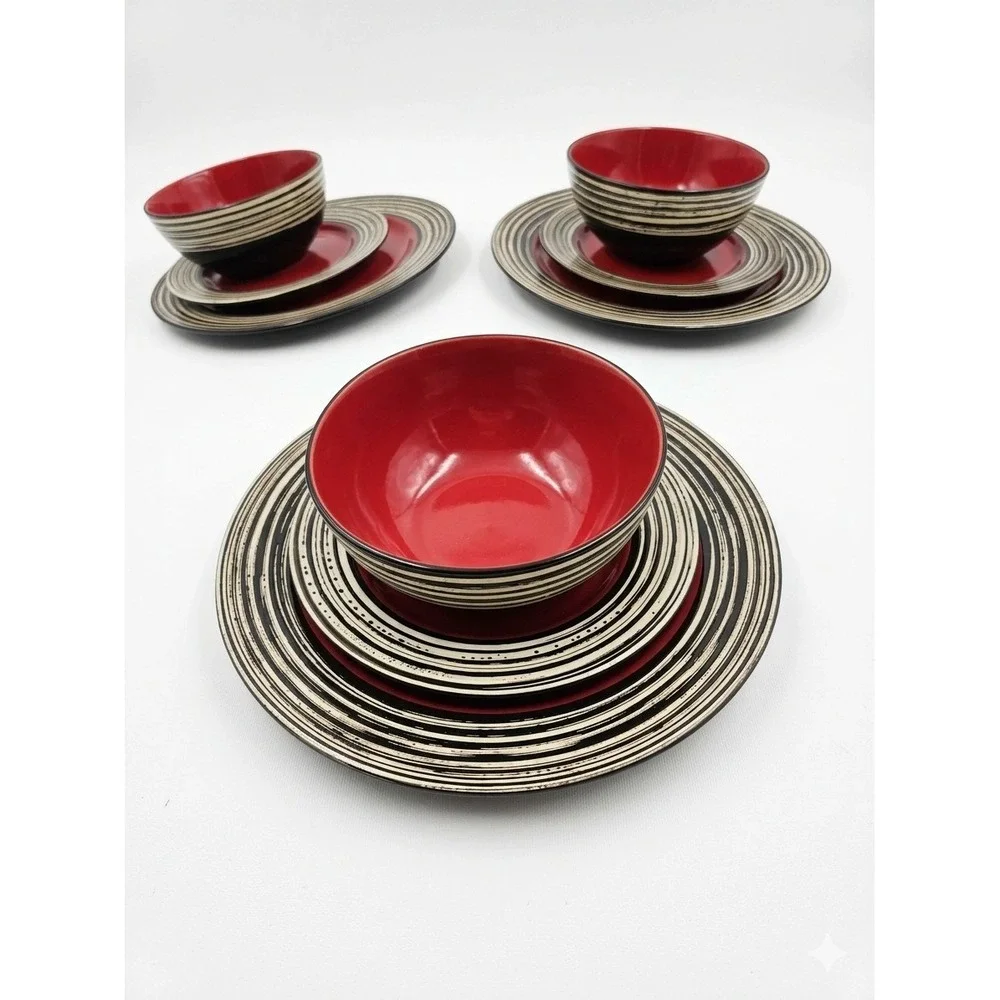 Thomson‎ Pottery Tahiti Carmine Red Black Striped Stoneware Dinnerware Set 3pc